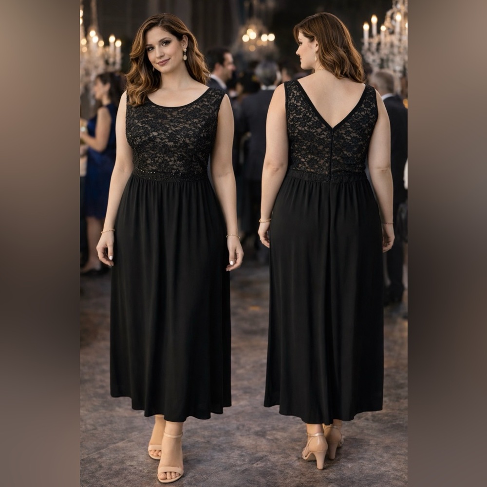R & M RIchards 20W Black Dress Stretch Sequin Lace Trim Wedding Party Cruise NEW